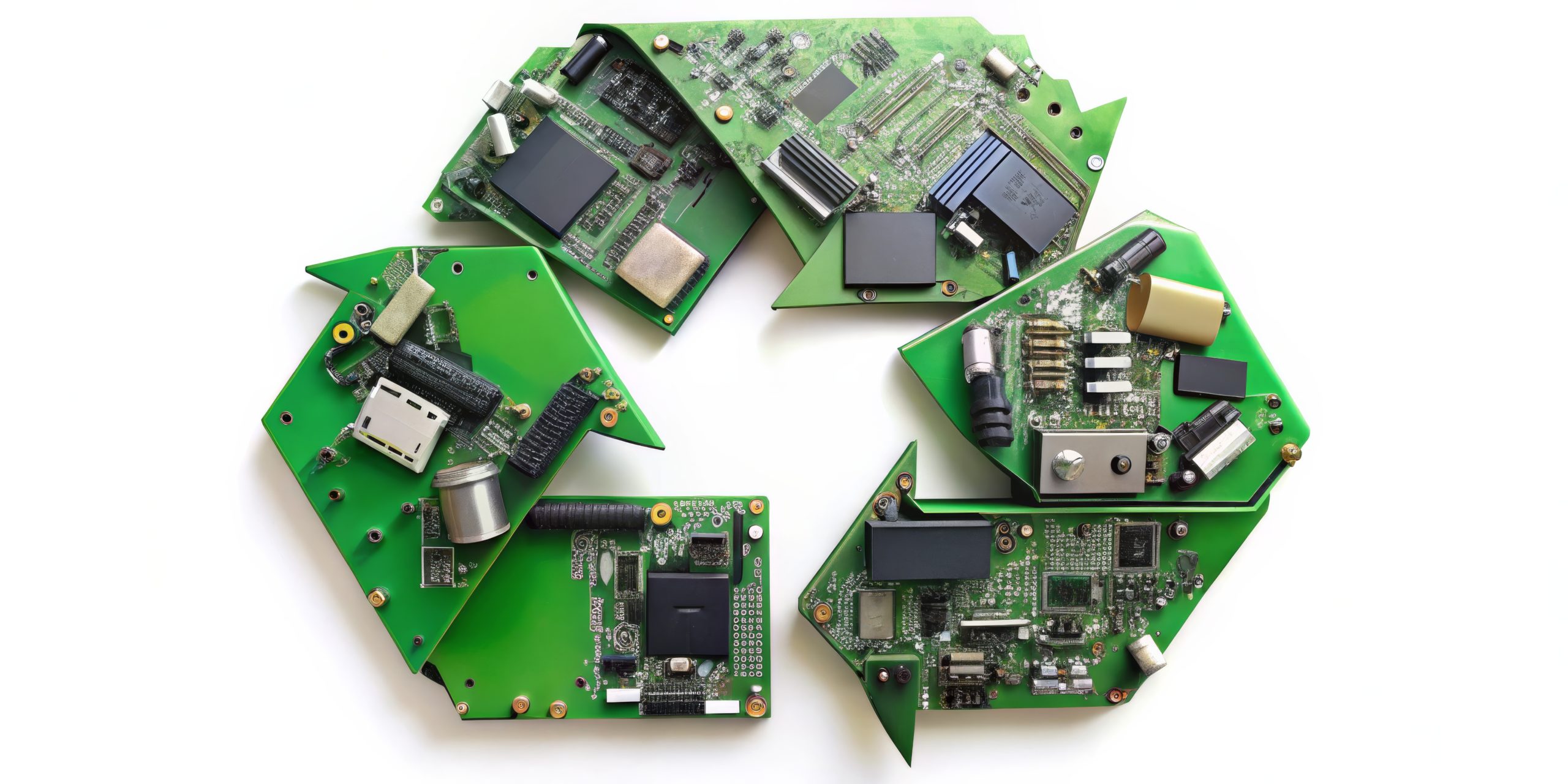 recycling symbol, green circuit board, refurbished laptops, sustainable choices